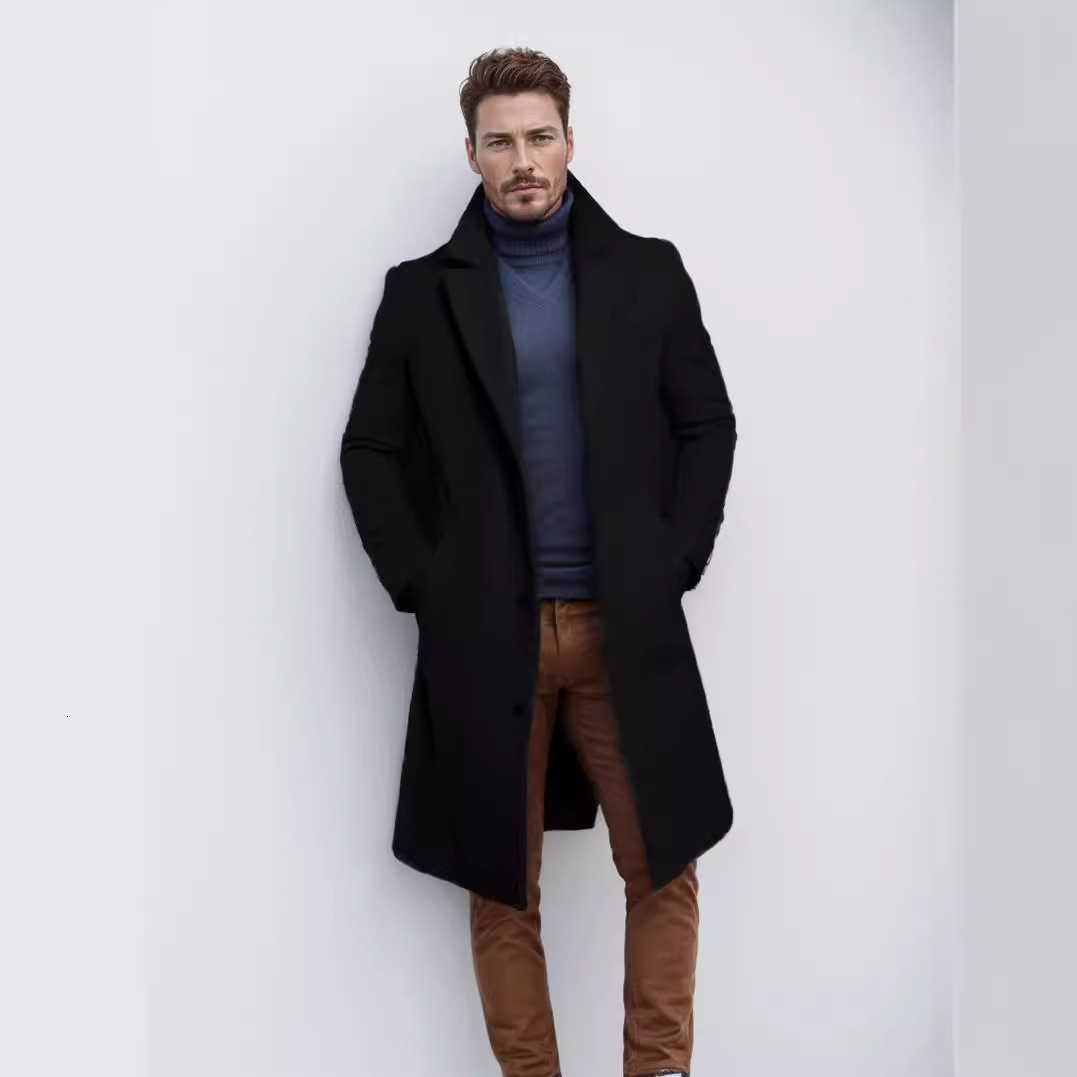 Fashion 2025 New British Style Single-Breasted Thickened Wool Coat for Men, Mid-Length Solid Color Autumn Winter Woolen Suit Collar Coat, Warm Youth C