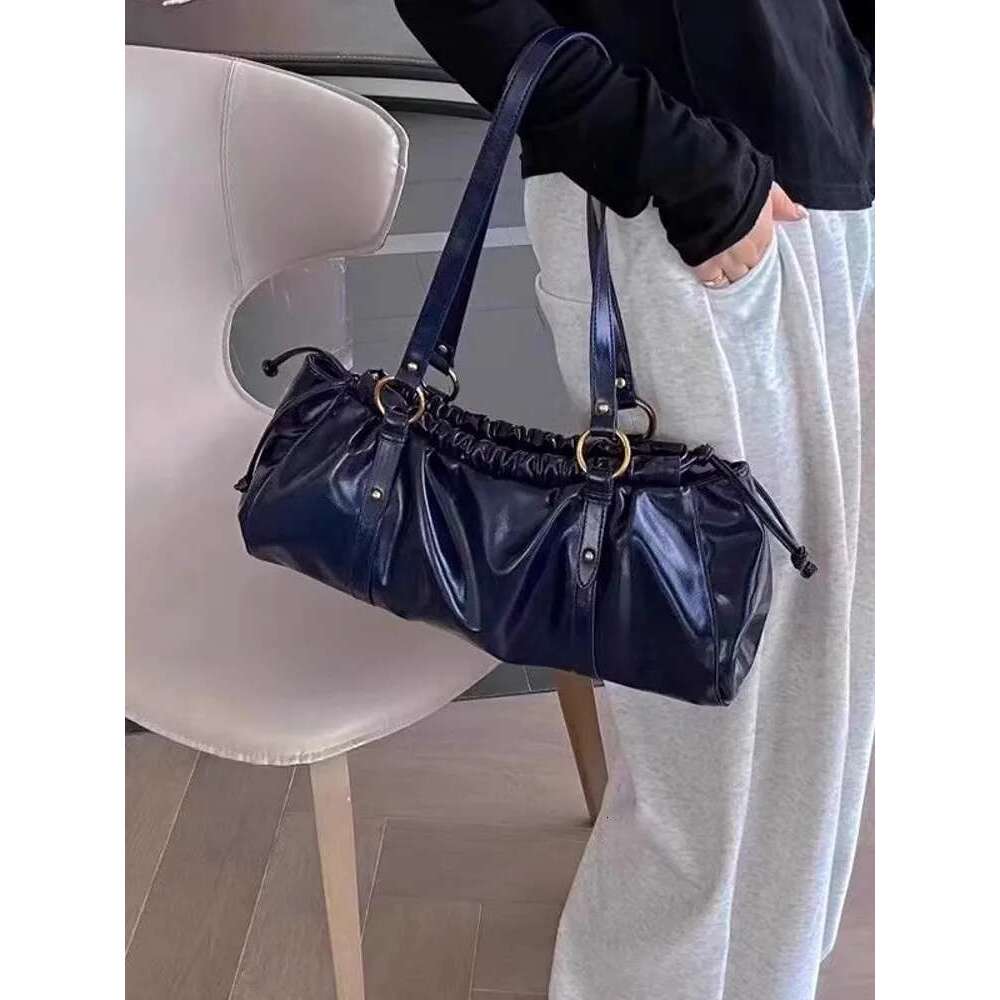 Elegant Women Underarm Pleated Hasp Hobos Office Ladies Work Shoulder Bag Vintage Cow Split Leather Bags New Totes Handbag