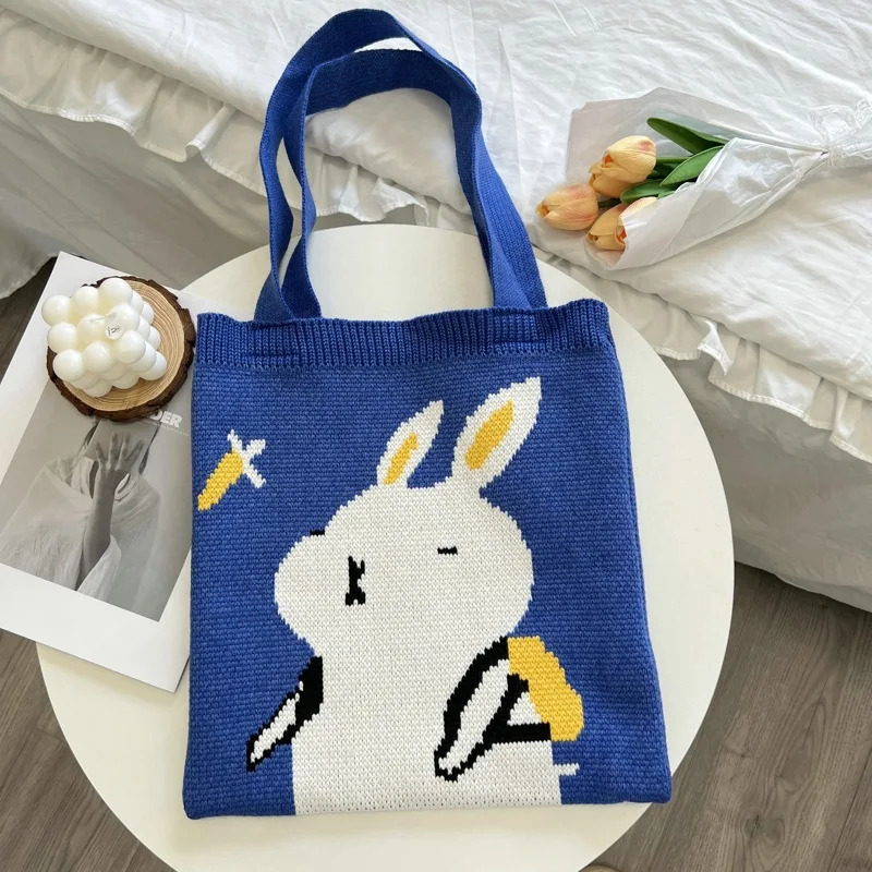 Knitted Bag Looking Up Rabbit for Women Large Capacity Green Cartoon Handbag Shoulder Tote Shopping 251110