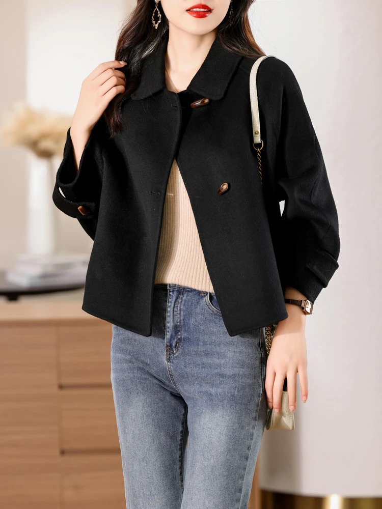100 Merino Pure Wool Handmade DoubleSided Cloth Chic Coat Womens Short Oxhorn Button Heavy High Street Elegant Top 251104