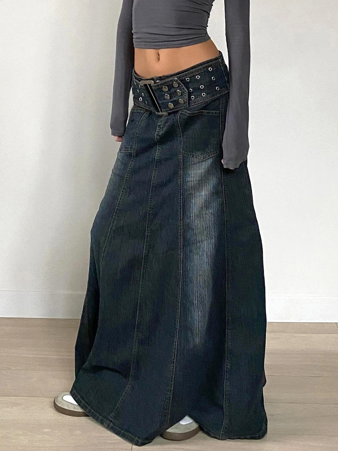 IAMSURE Basic A-Line Denim Skiing Strap Casual Slimming Pocket High Waist Long Skirt Womens Spring/Summer Womens Wear 250408