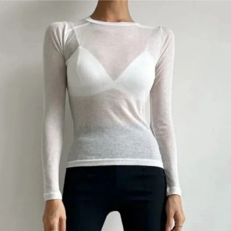 Womens Basic Tshirt 2025 Oneck Solid Casual Top Long Sleeve See Through Sexy Slimming Clothing 250407