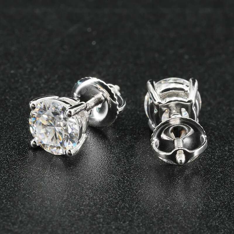 Hiphop 4 Prong Round Moissanite Earrings Screw Back 0.2-10ct D Color VVS1 Moissanite Diamond Ear Studs 14k Gold Plated Pass Test
