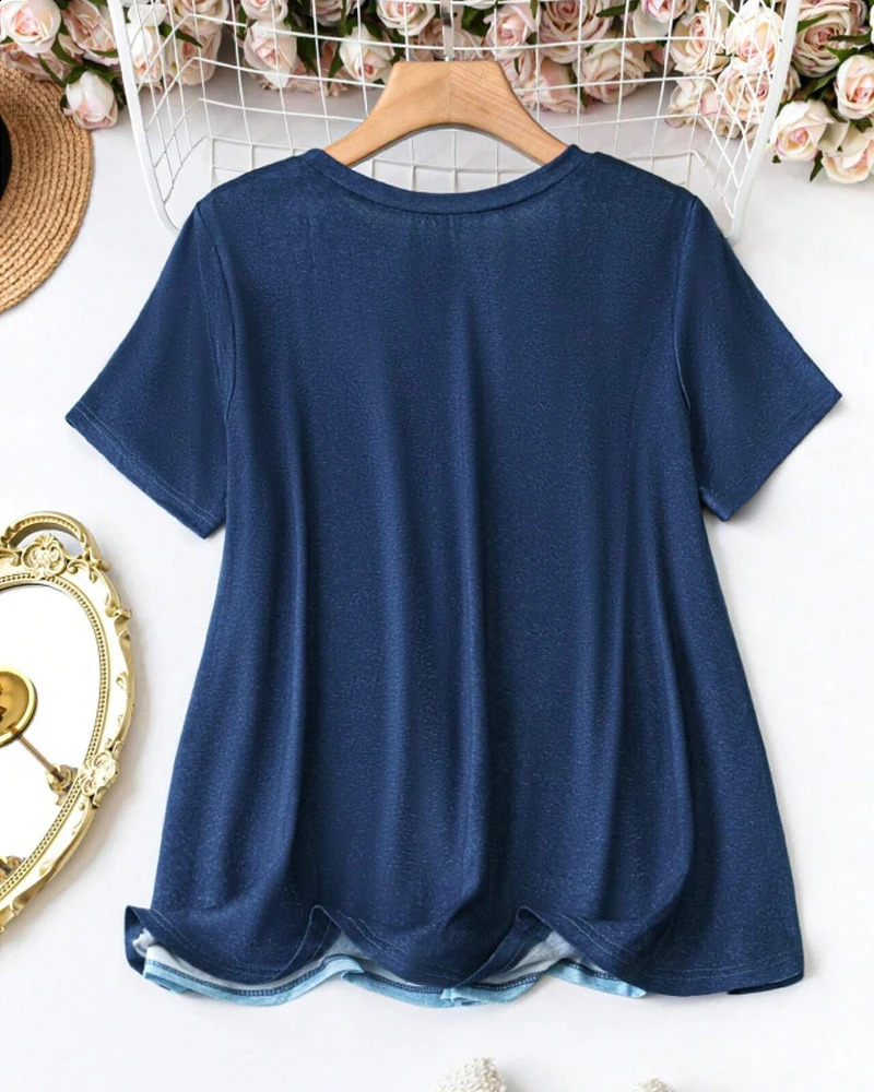 plus size European and American womens casual round neck printed T-shirt 250410