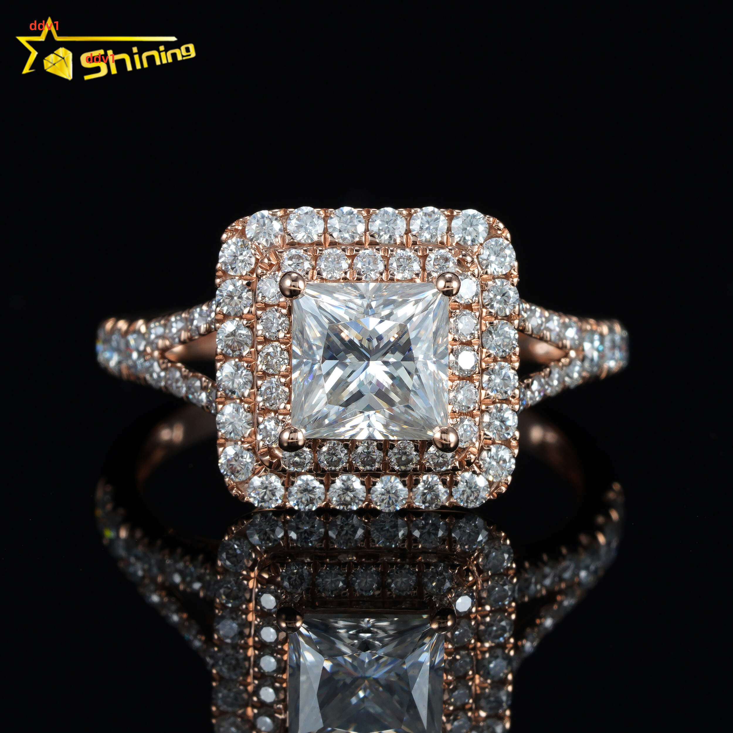 New Halo Design14K Soild Gold 6x6mm 12ct Princess Moissanite Diamond Ring Custom Fancy Shape Wedding Rings for Women