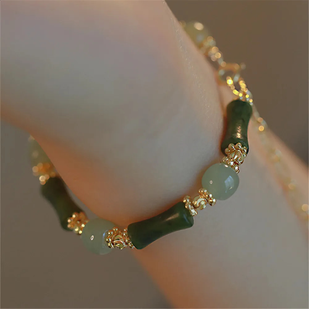 Natural Olive Jade Bamboo shaped Beads Adjustable Bracelet Fashion Exquisite an Jade Jewelry Versatile Girl Gift 250409