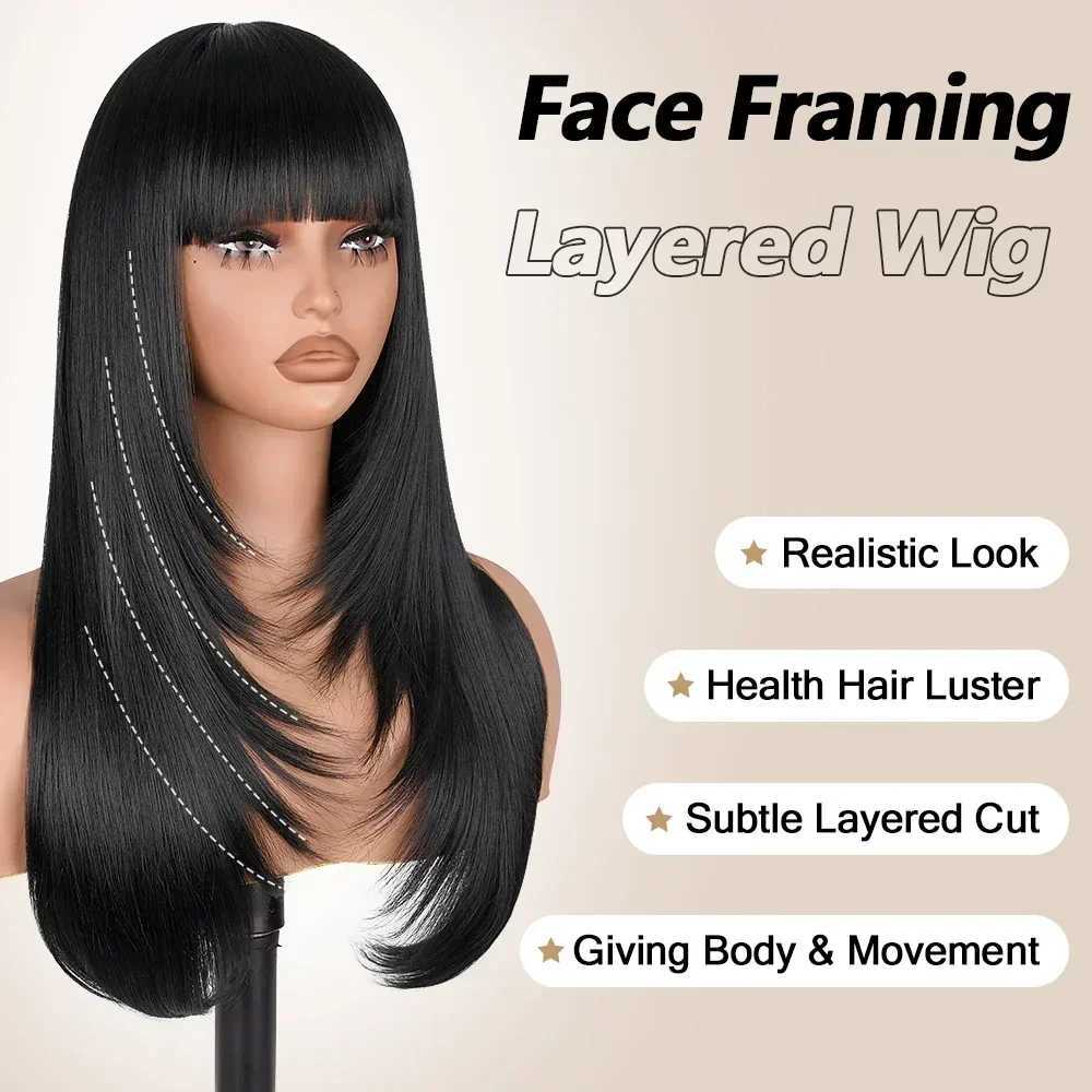 Straight Layered Cut Wigs with Bangs HD Lace Fake Scalp Synthetic Natural Layered Lace Wig For Women Glueless Heat Resistant WigT251111