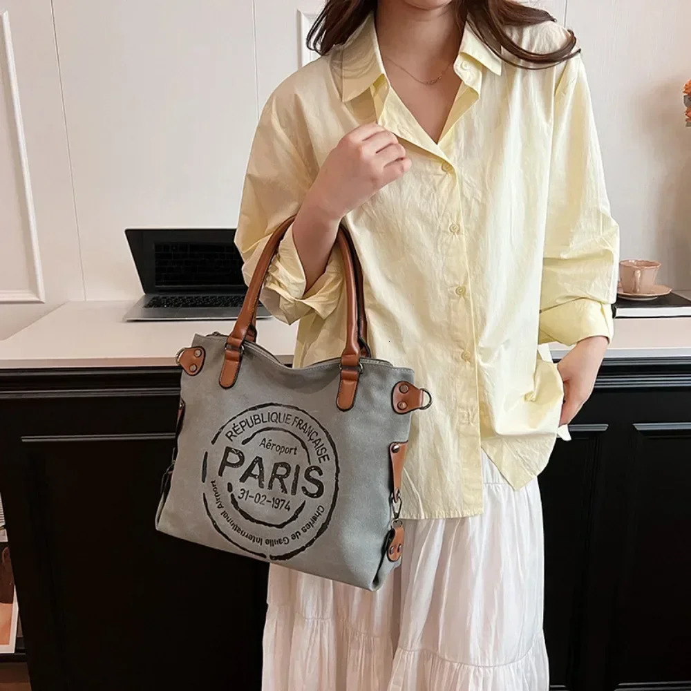 Large Retro Canvas Tote Bag Adjustable Shoulder Strap Vintage Paris Stamp Print Stylish Crossbody for Women 251110