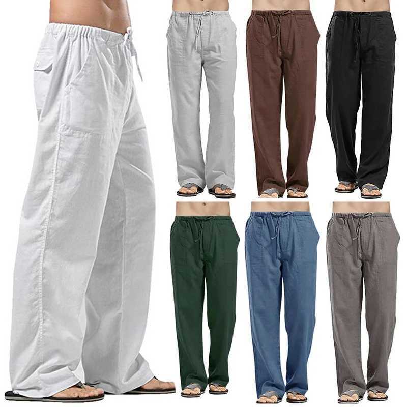New mens linen straight pants Korean mens Trouser oversized streetwear mens elastic waist loose pants casual mens clothing sports pantsXJ250410