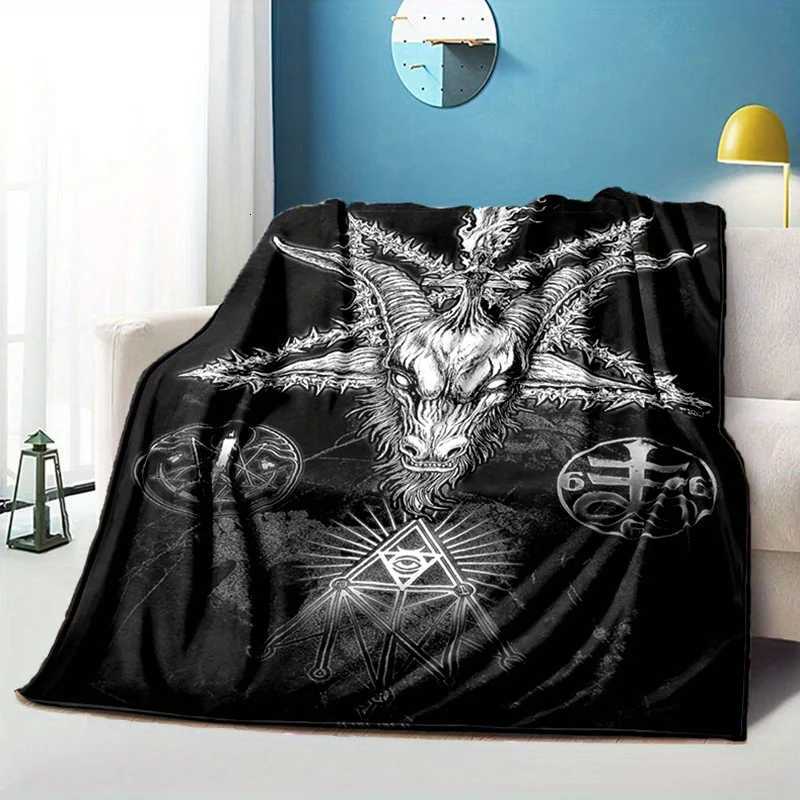 Satanic Goat Head Flannel Blanket Soft All-Season Black White Mystical Pattern with Pentagram Flames Gothic Home Decor C251111