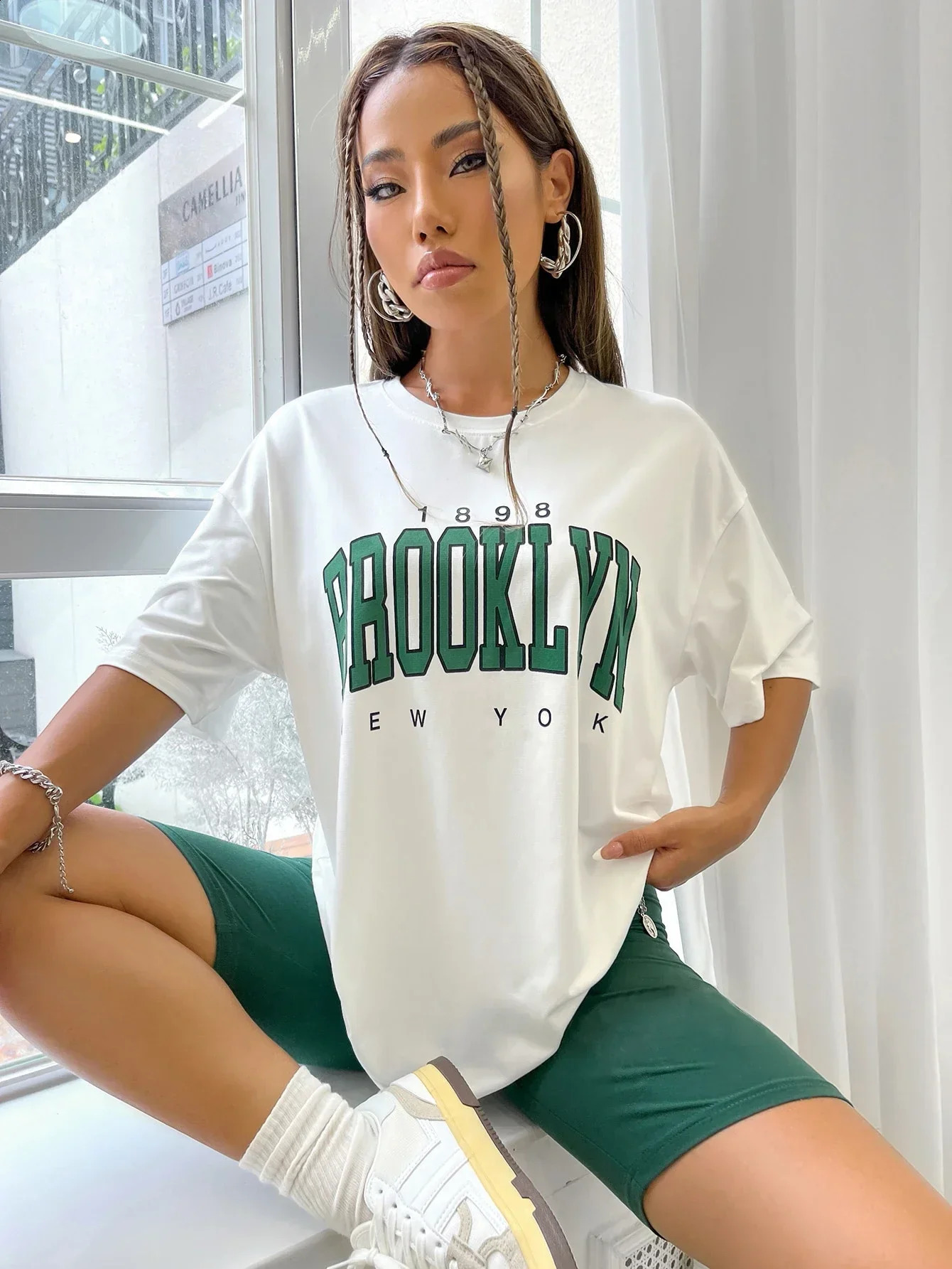 Women T Shirt 1898 Brooklyn York Letter Print Tops Tee Black T-shirt Female Summer T-shirt 90s Graphic Tee Female Cute Tops Tee 250410