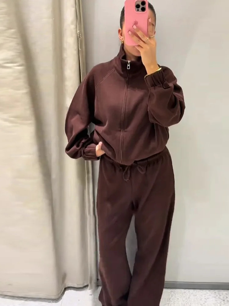 Women Sweatsuit Set Vintag Zipper Bomber Jackets High Waist Loose Pants Suit Female Autumn Fashion Lady Sportswear 2025 251105