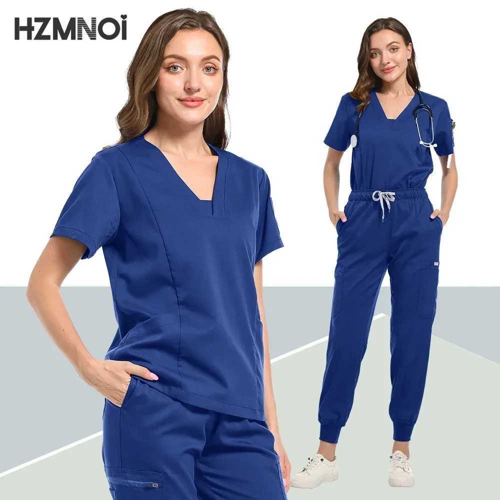 Solid Color Scrub Tops Pants Suit Pet Hospital Uniform Surgical Gown Pocket V-neck Scrub Workwear for Women Nurse Uniforms Women X250410