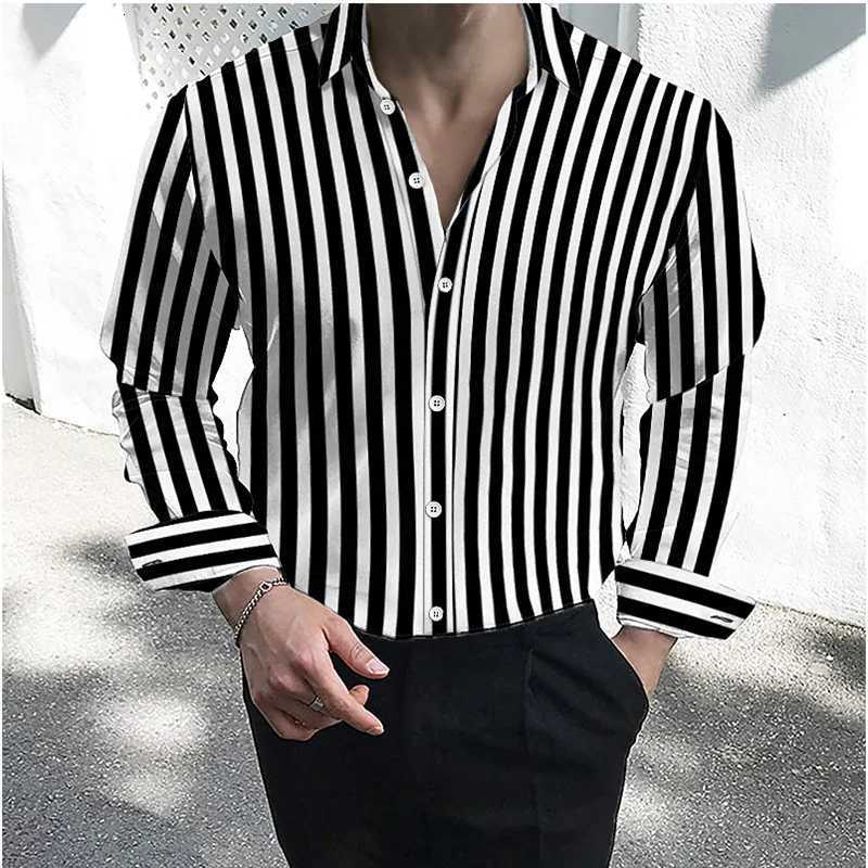 Mens formal shirt button lapel shirt black and white red long sleeve striped collar wedding work clothing large size 5XL K251110