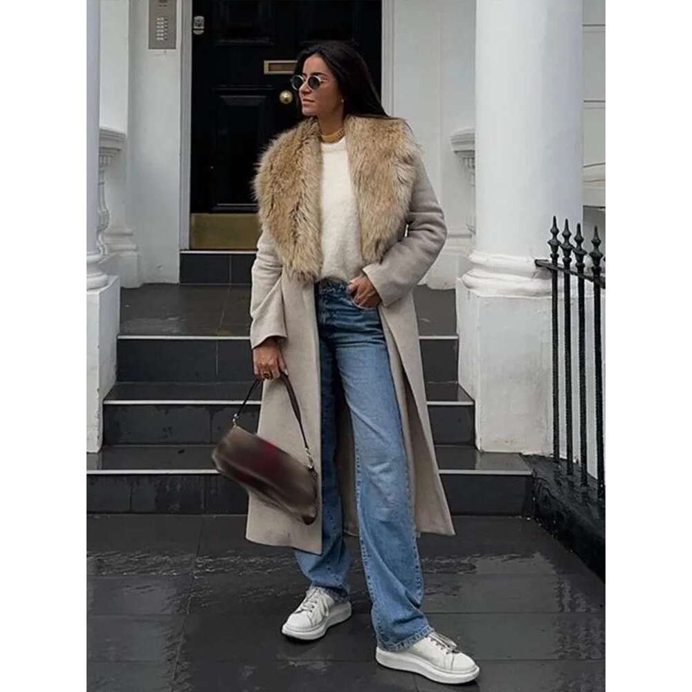 Elegant Fur Lapel Long Coat Women With Belt Woolen Full Sleeve Lace Up Loose Thicken Overcoat 2025 Spring Solid Pocket Outwear