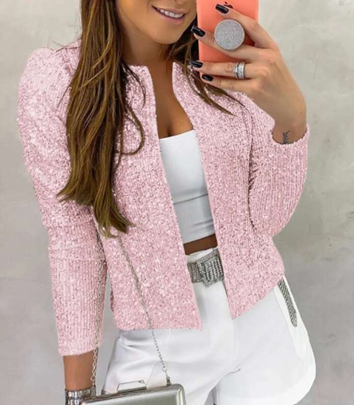 Autumn Winter Fashion Women's Long Sleeved Jacket With Round Neck And Full Sequin Design Short Personalized Slim Fit Coat