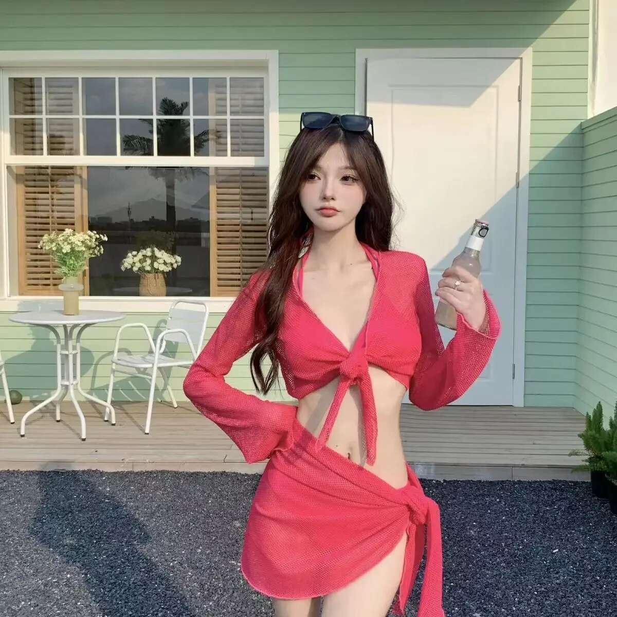 Sexy 4 Piece Lace Bikinis Set Women Swimsuit Solid Long Sleeve Cover with Skirt Swimwear New Push Up Bathing Suit Bikini