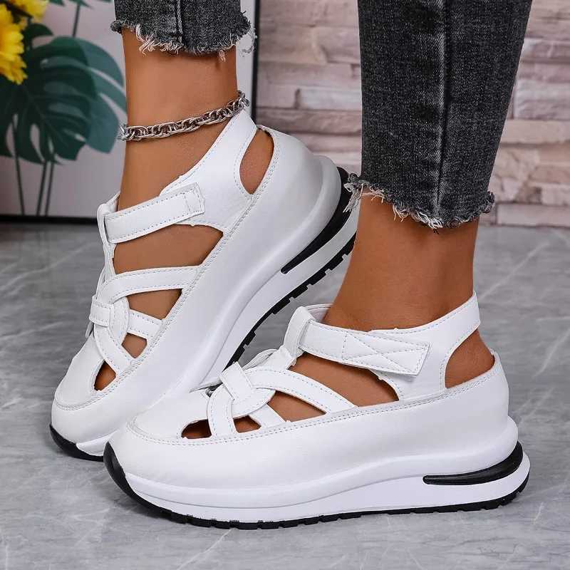 Hot selling womens sandals 2025 new item PU leather hollow design hook and loop N-slip thick soled sandals womens shoes no print ZapatosXJ250410