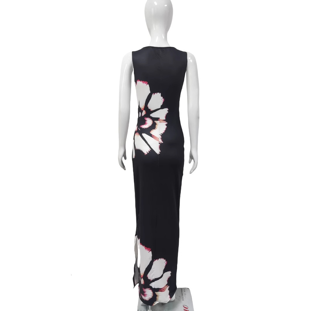 Women's hollow waist sexy slit long 2025 summer new round neck elegant style dress for women