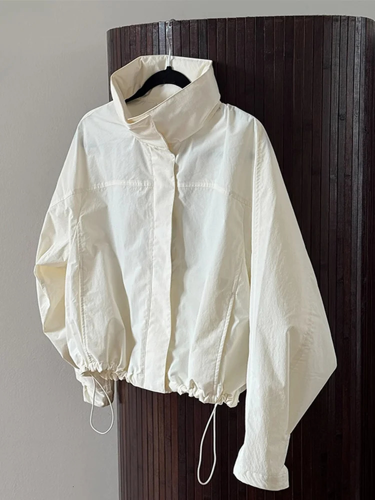 Womens Bomber Jacket Up Loose Fit Cropped Coat Stand Collar Elastic Hem Minimalist Casual Autumn Outerwear Fashion Outfit 251105