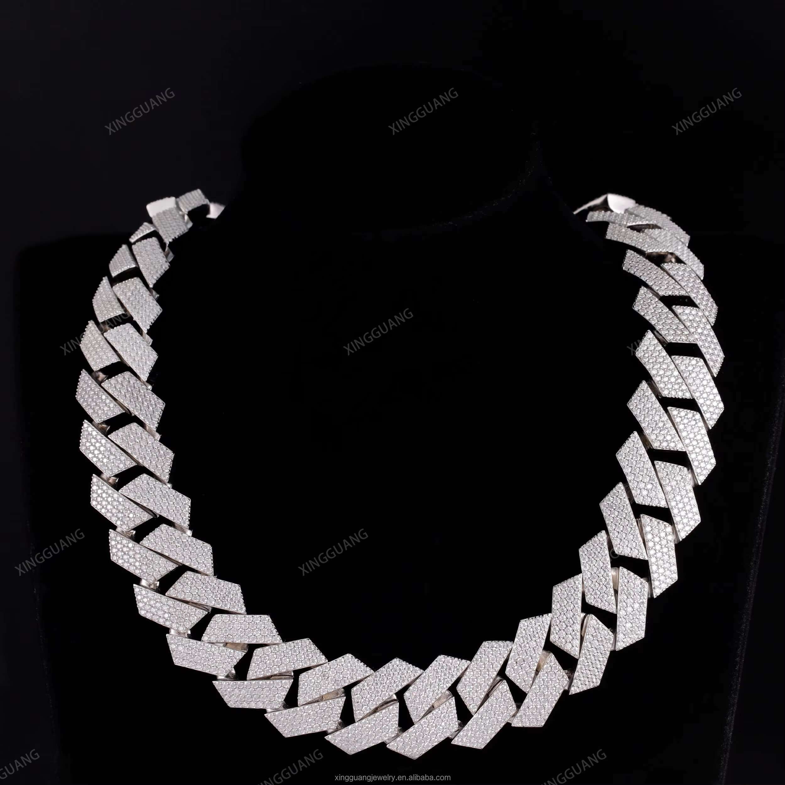 High Quality in Stock Moissanite Cuban Link Chain 4row 24mm White Gold 925 Sterling Silver Iced Out Moissanite Cuban Chain