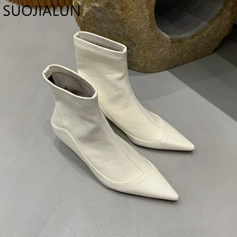 SUOJIALUN Winter Thin Low Heel Women Ankle Boots Fashion Pointed Toe Slip On Chelsea Boots Shoes Soft Leather Short Boots 251110