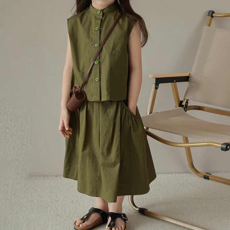 Summer childrens clothing set womens pure cotton Korean style sleeveless dress two-piece set fashionable casual breathable set 3-8YXJ250410