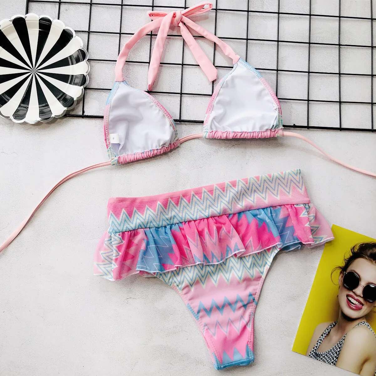 2025 Sexy Colorful Striped Patchwork Ruffle Mesh High Waist Swimwear Swimsuit Women Bikinis Set Bathing Suit Beach Bikini