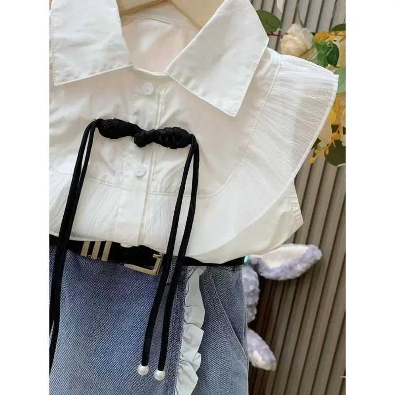 Girl Princess Sleeve Set 2024 Summer New Girl Flight Sleeve+Cowboy Lace Dress 2PCS Childrens Clothing SetXJ250410