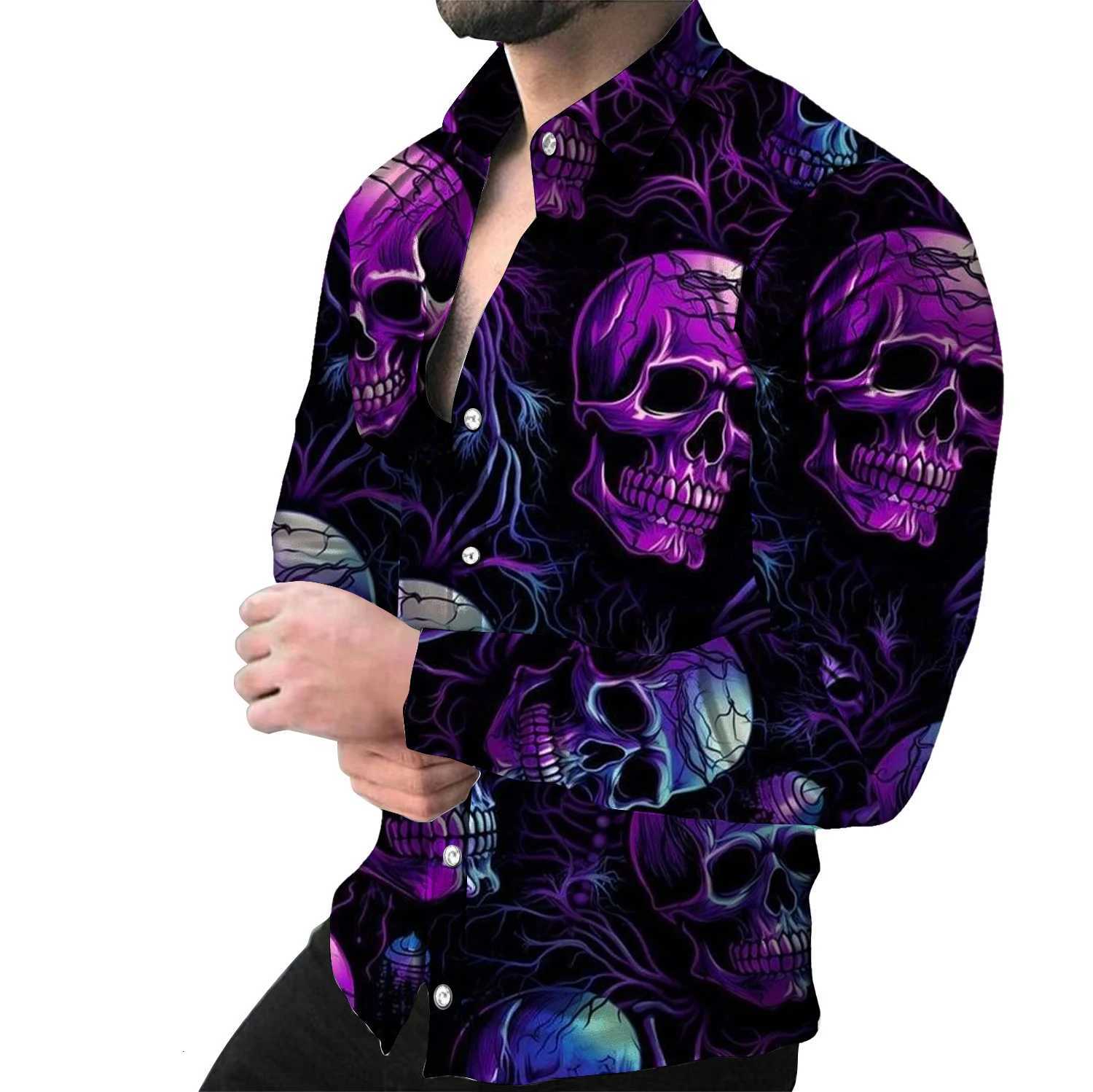Fashion 3D Skull Print Mens Long Sleeve Button Up Shirt Casual Design Lapel Shirts Street Retro Harajuku Mens Clothing Tops K251110