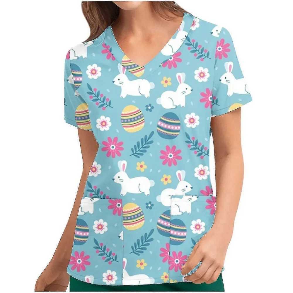 Clinical Uniform Womens Easter Rabbit Print Fashion V-neck Dental Medical Comfortable Short Sleeve Patch Pocket Nurse Uniform Womens X250410