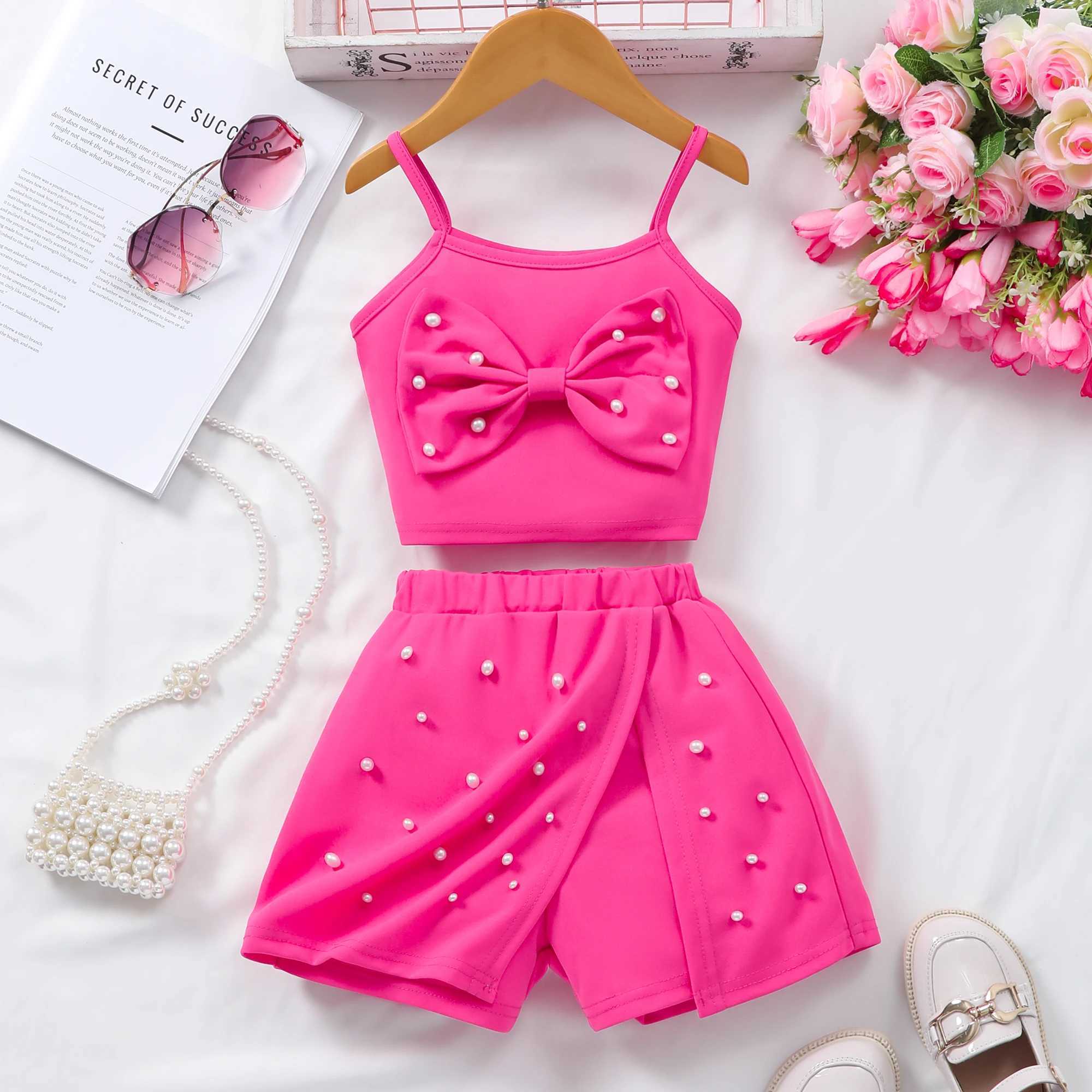 Summer Childrens and Girls Clothing Set Rose Red with Tank Top and Shorts 2-piece Vacation Fashion Preschool Clothing Casual Girls Set 3 4 5 6 7 Years