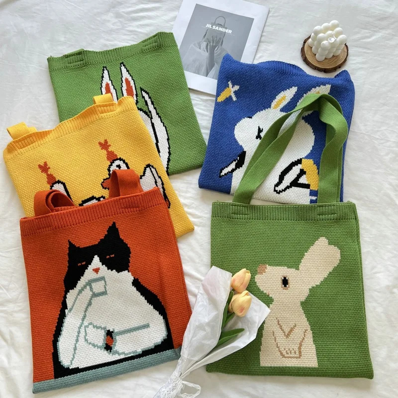 Knitted Bag Looking Up Rabbit for Women Large Capacity Green Cartoon Handbag Shoulder Tote Shopping 251110