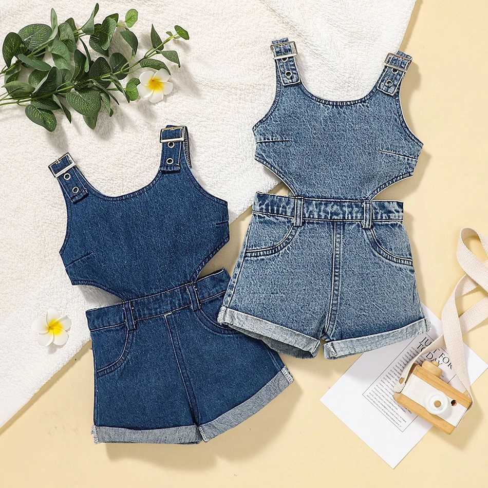 Childrens clothing girls summer jumpsuit childrens fashionable and comfortable sleeveless denim jumpsuit childrens shorts set newXJ250410