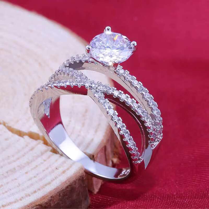 New Fashion Dainty Silver Engagement Rings for Women 3 Lines Zircon Gemstone Rings Classic Style for Wedding and Party