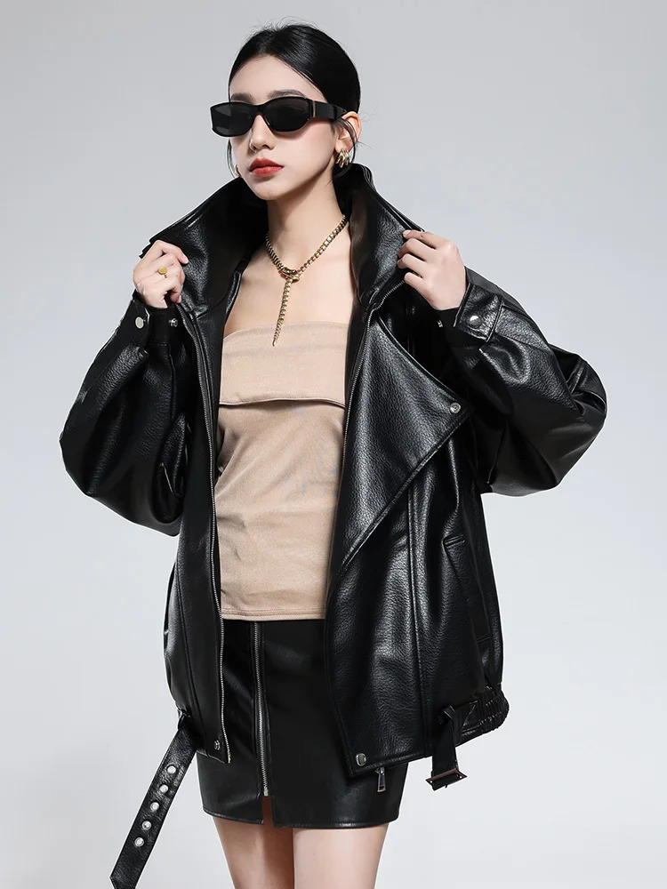 Mauroicardi Spring Autumn Cool Oversized Black Soft Pu Leather Moto Biker Jacket Men Belt Runway European Fashion Clothes 2025 251103