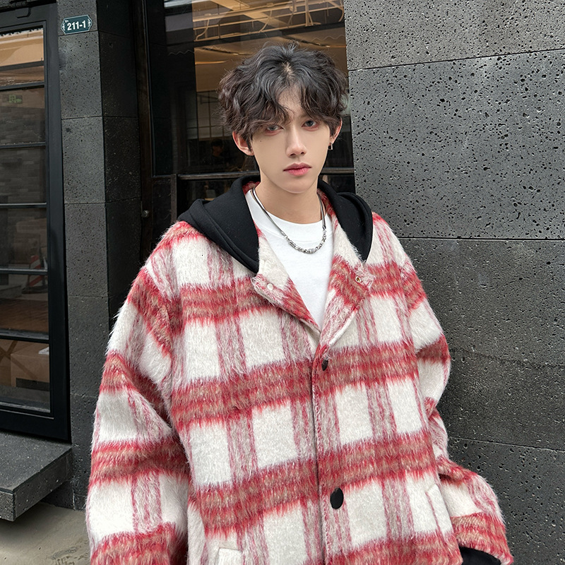 Youth Hooded Plaid Autumn Winter Woolen Large Size Thickened Jacket Cool Loose Woolen Coat Outerwear