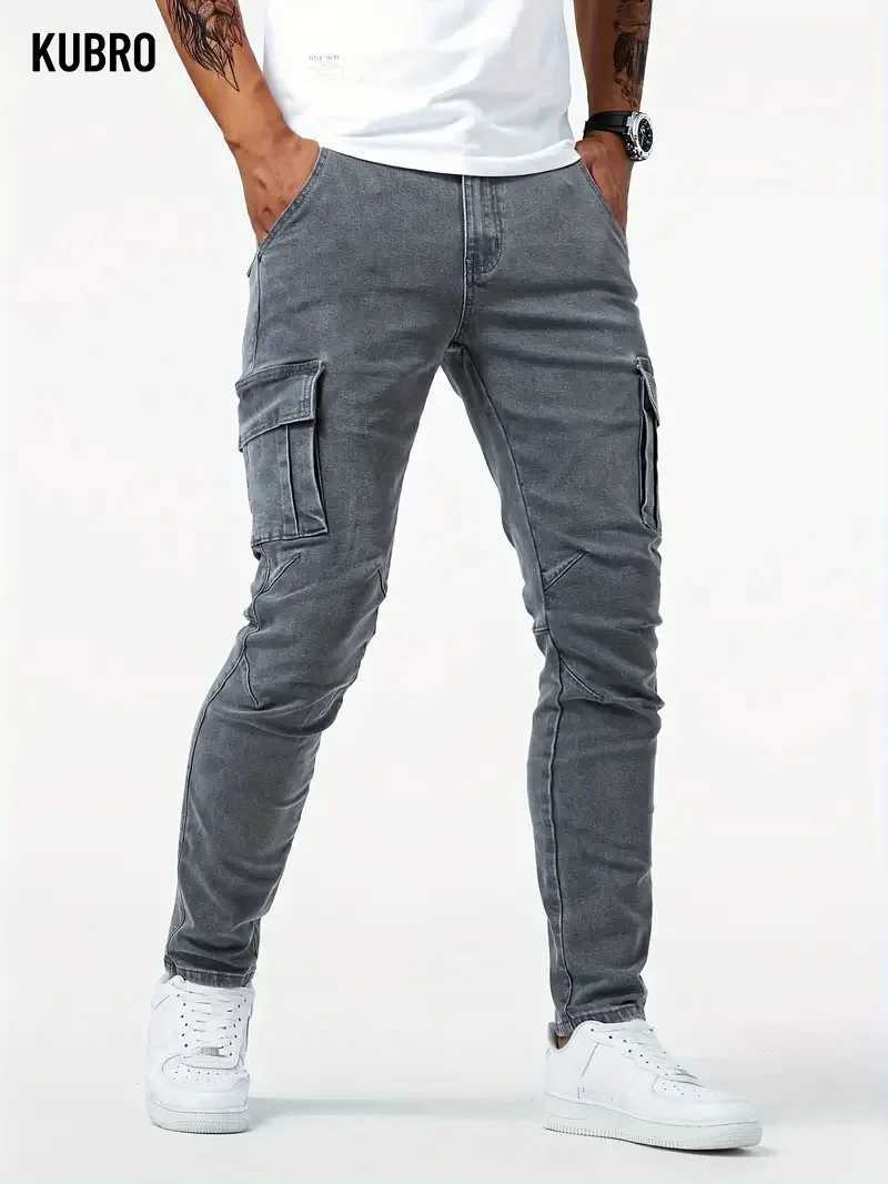 Street elastic jeans mens denim cargo pants washed solid color multi pocket casual mid waist Trouser ultra-thin suitable for daily wear and runnersXJ2
