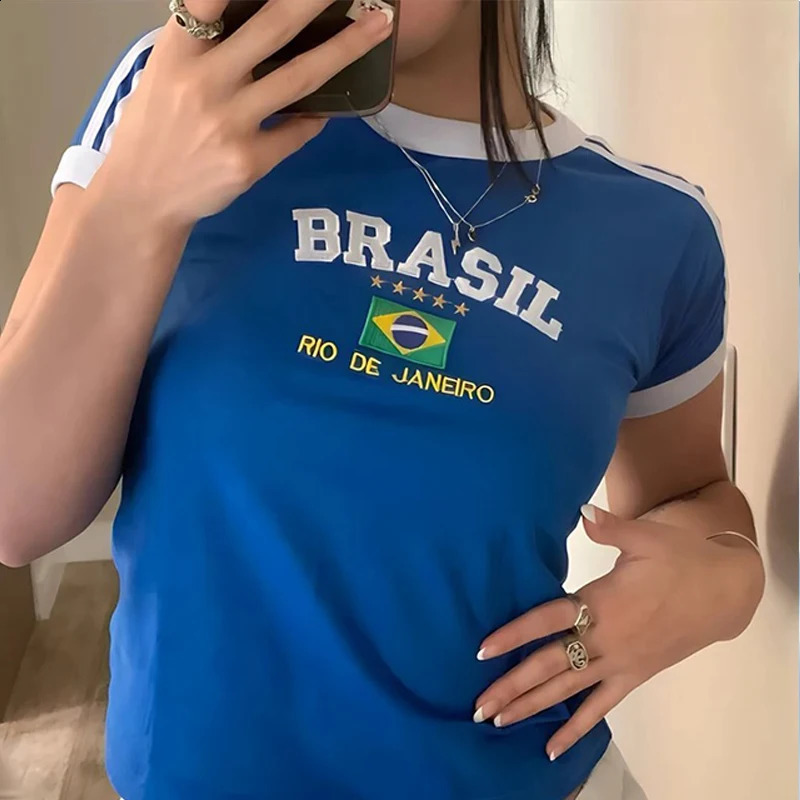 Y2k Gothic Emo Girl Crop Top Grunge Brasil Print Blue Short Sleeve T-shirts Summer Harajuku Baby Tee Vintage Women Streetwear 250411