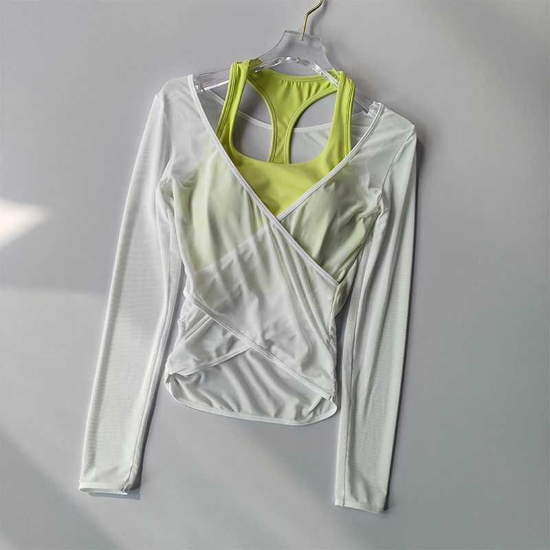 Sexy mesh weight loss yoga set a sports bra suitable for women to gather together fake two piece quick drying training Pilates coverW250411