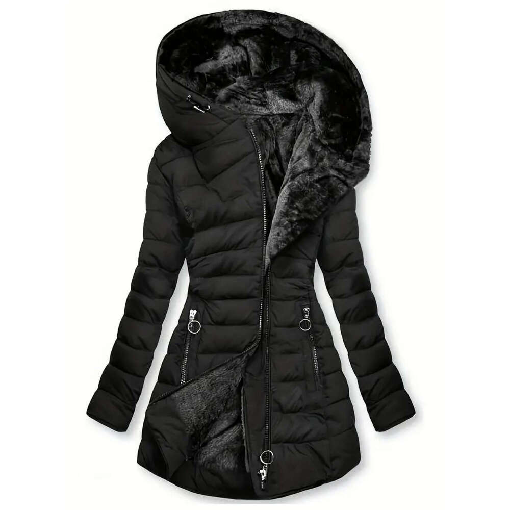 Women's Warm Quilted Parka Padded With Hood, Full-Zip Front & Belt Adjustable Waist Mid-Length Long Sleeve Outerwear For Cold Weather