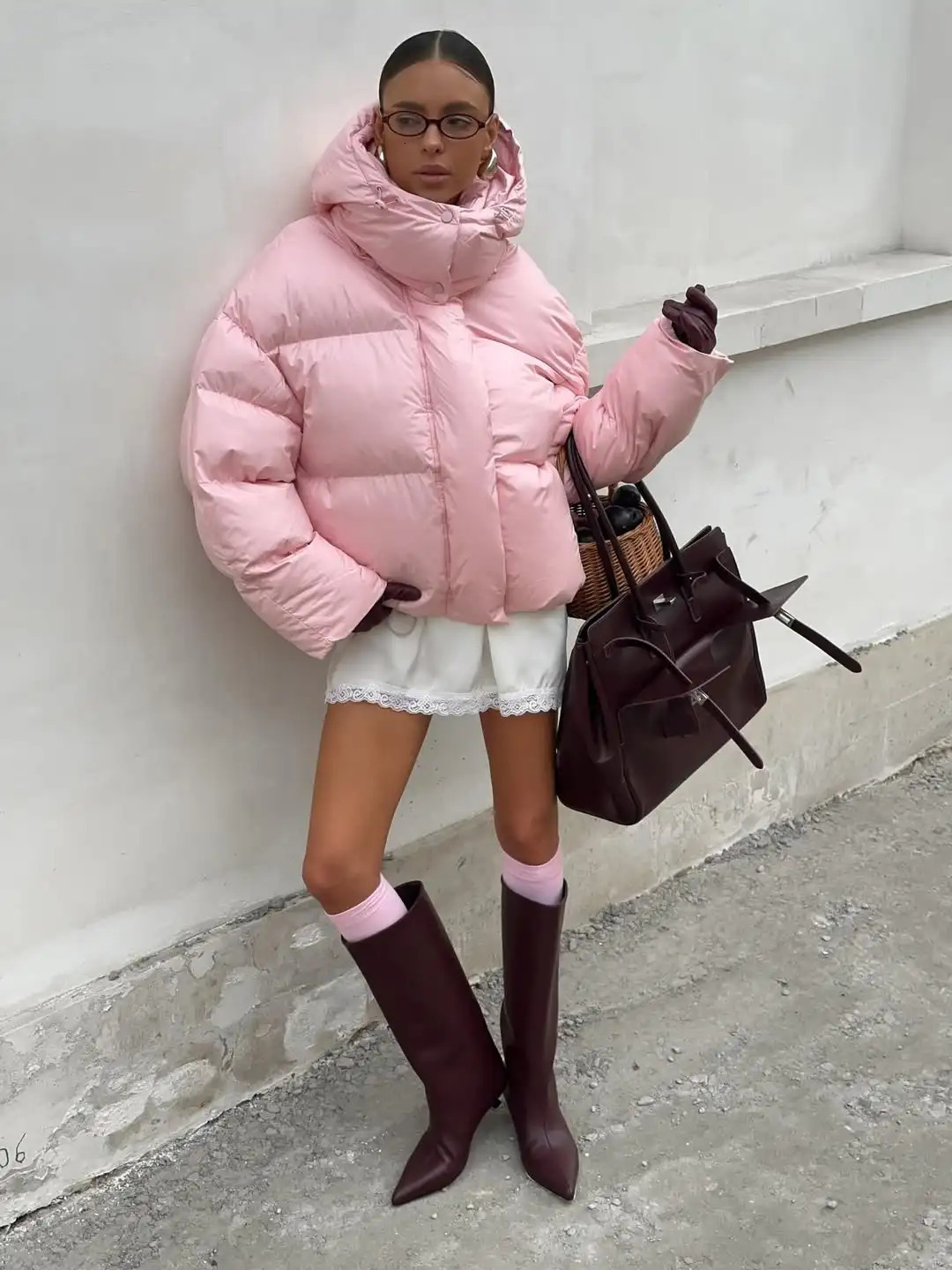 Casual Pink Hooded Cotton Jacket Women Fashion Solid Zip-up Loose Warm Outwear Lady Winter 2025 Daily Commute Street Jackets 251105