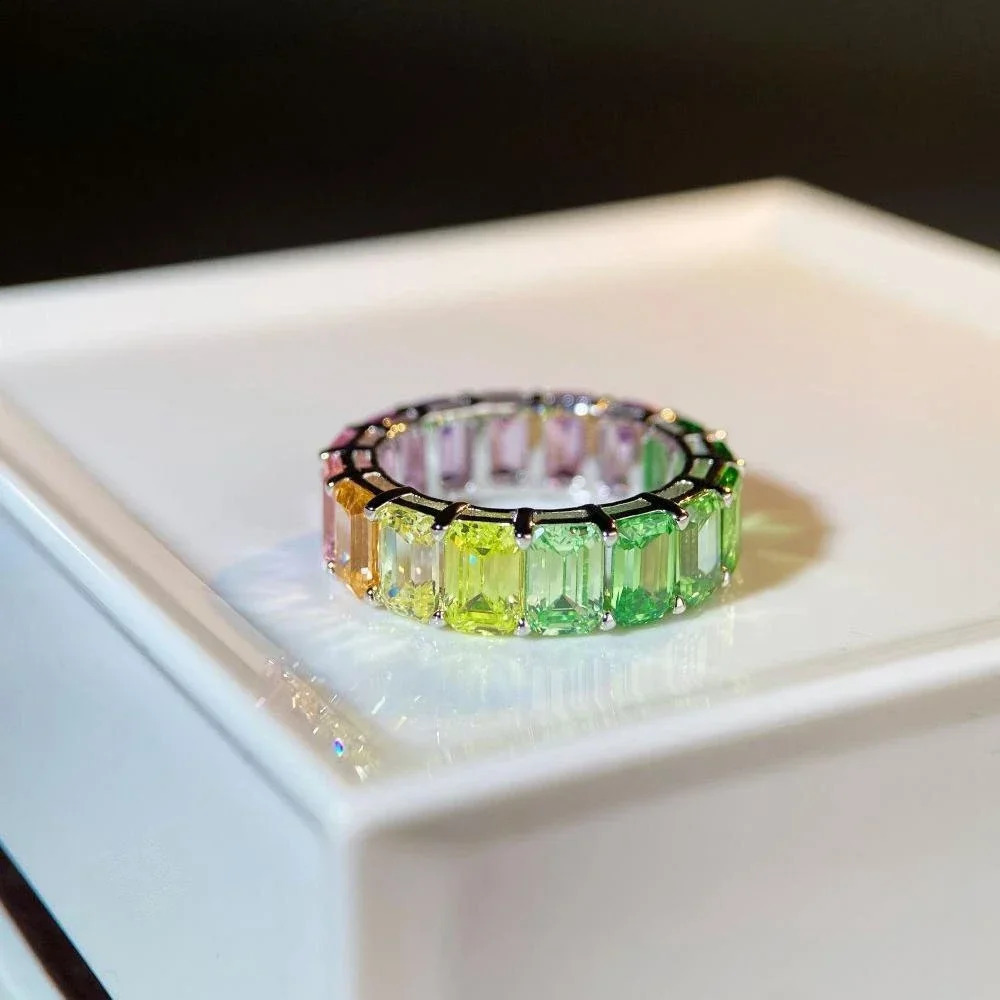 ELSIEUNEE 100% 925 Pure Silver Jade Cutting Colored Sapphire Gemstone Engagement Ring Womens Wedding Ring 250407