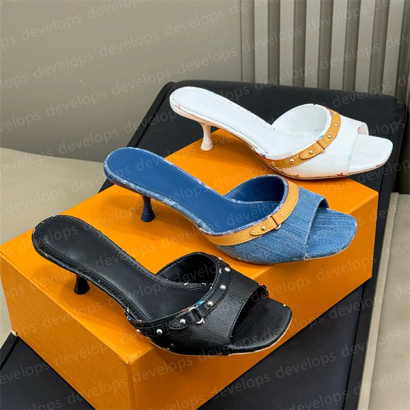 Women Denim Heels Sandals Neo designer sandals denim mule elegant high heel summer sandal high quality Slippers size 35-43