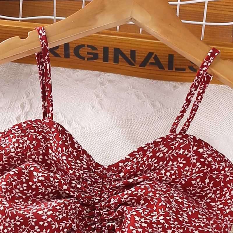 Girls Set 8-12 Year Old Little Girls Red Flower Strap Top+Red Flower Skirt Korean Sled Set Summer Casual Clothing SetXJ250410