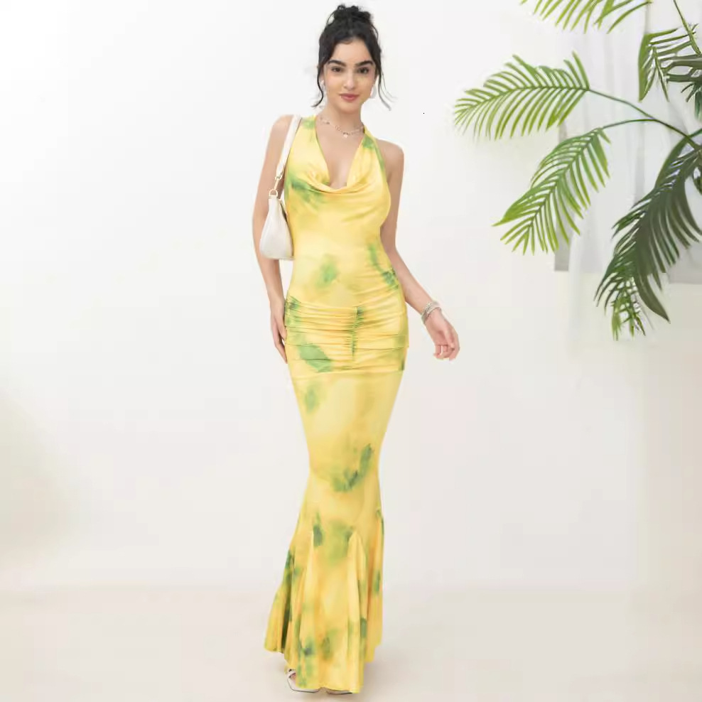 Women's new suspender French light mature style hanging neck deep V-print long dress