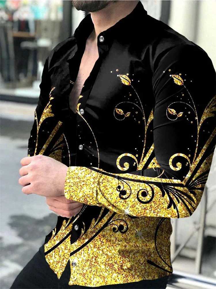 2024 New Hawaiian Shirts Luxury Gold Pattern Shirts Mens Fashion Casual Shirts Long Sleeves Lapel Beach Shirts Mens Clothing K251110