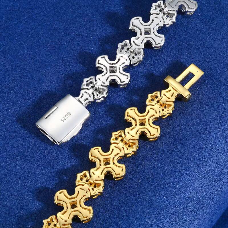 New Trend 12mm Width Link Chain 925 Sterling Silver Pave Setting VVS Moissanite Iced Out Cross Jewelry Bracelet for Hiphop Men