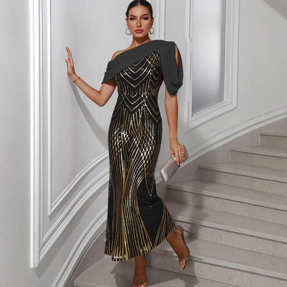 Women's Fashion SEXY DRESSES FOR WOMEN One-Shoulder Chiffon Patchwork Sequin Night club maxi dress Gown