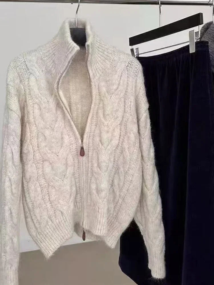 Autumn Women Turtleneck Loose Retro Knitted Jackets Winter Twist Double Zipper Cardigan Sweater Casual Solid Office Clothing 251107